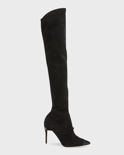 Shop Jennifer Chamandi Alessandro Suede Buckle Over-the-knee Boots In Black