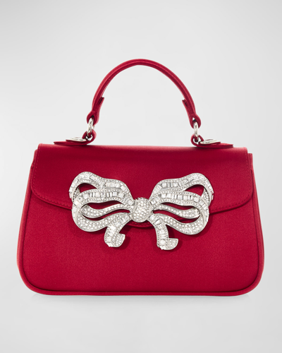 Shop Judith Leiber Bow Satin Top-handle Bag In Silver Crimson