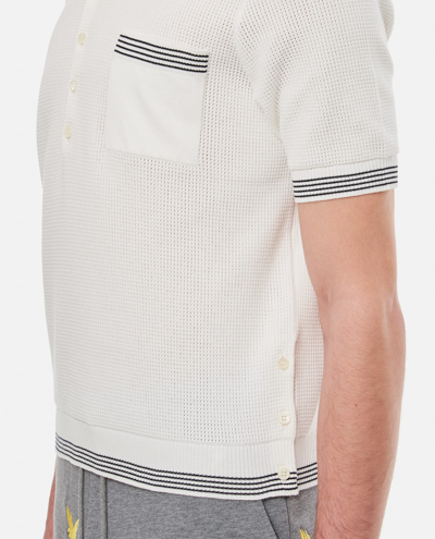 Shop Thom Browne Open Waffle Stitch Ss Polo In Cotton W/ 4 Bar Stripe Tipping Stripe In White