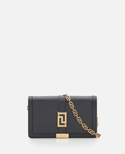 Shop Versace Calf Leather Wallet On Chain In Black