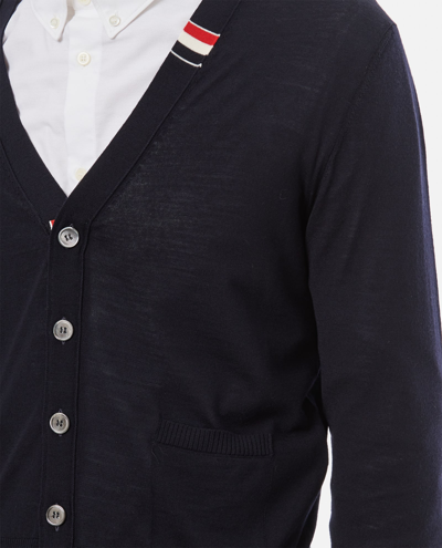 Shop Thom Browne Jersey Stitch Relaxed Fit V Neck Cardigan In Blue
