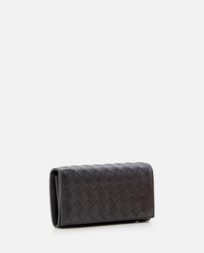 Shop Bottega Veneta Large Flap Leather Wallet Intreccio Piccolo In Black