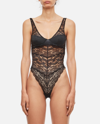 Shop Versace Microdolly Lace And Satin Stretch Bodysuit In Black
