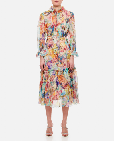 Shop Zimmermann Silk Frills Midi Dress In Multicolour
