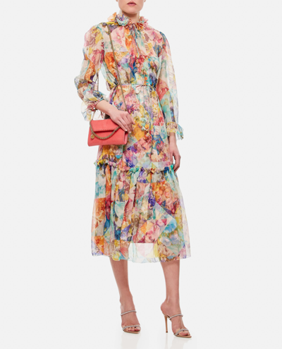 Shop Zimmermann Silk Frills Midi Dress In Multicolour