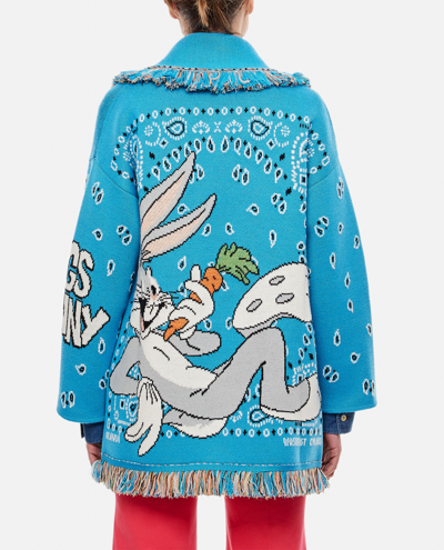 Shop Alanui Bugs Bunny Bandana Virgin Wool Cardigan In Clear Blue
