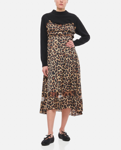 Shop Sacai Leopard Print X Knit Dress In Beige
