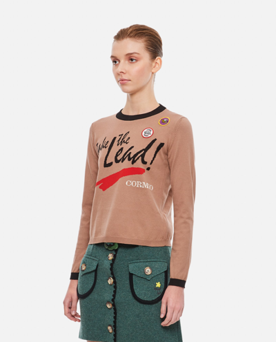 Cormio Long Sleeve Knitted T-shirt With Intarsio Motto In Brown
