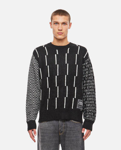 Shop Versace Jeans Couture Jacquard Crewneck Sweater In Black