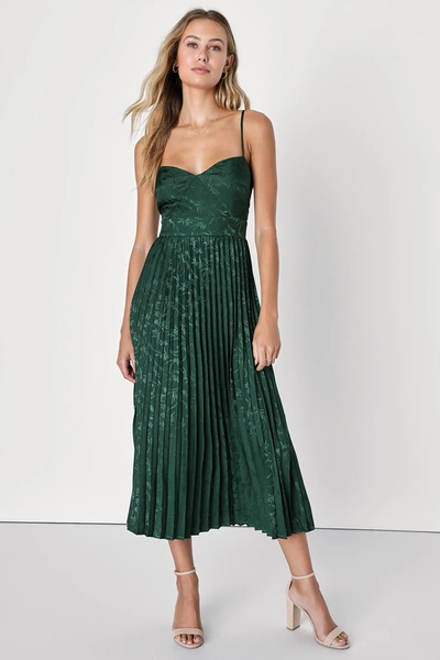 Lulus Regal Romance Emerald Floral Jacquard Pleated Satin Midi Dress In Green