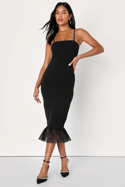 Shop Lulus Absolutely Flirty Black Sleeveless Ruffled Bodycon Midi Dress