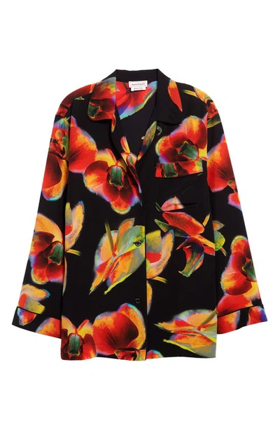 Shop Alexander Mcqueen Orchid Print Silk Button-up Shirt In 1000 Black