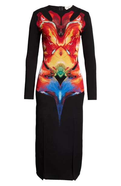 Shop Alexander Mcqueen Orchid Cutout Long Sleeve Jacquard Dress In 1160 Black/ Red/ Yellow