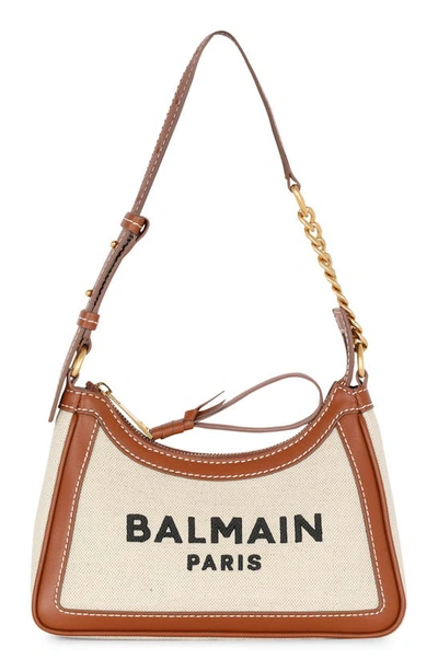 Shop Balmain B-army Canvas & Leather Shoulder Bag In Gem Natural/ Brown