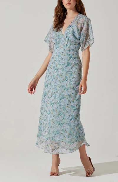 Shop Astr Floral Flutter Sleeve Chiffon Dress In Light Blue Multi Frl
