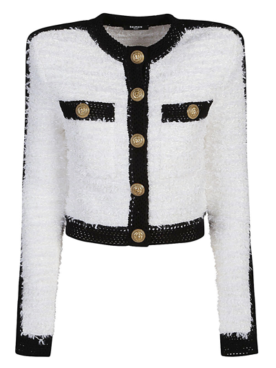 Shop Balmain Tweed Cropped Jacket In White