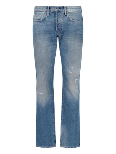 Shop Tom Ford Logo Patch Distressed Jeans In Blue