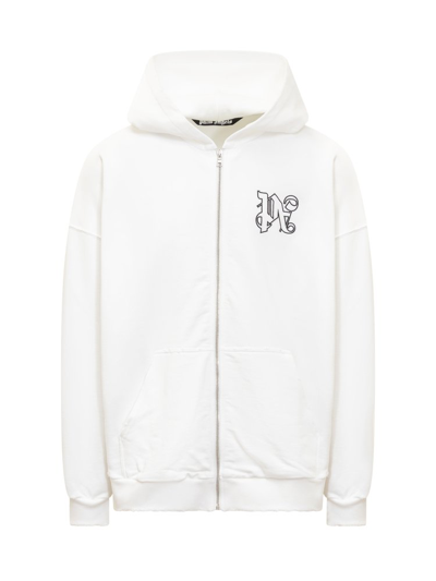 Shop Palm Angels Pa Monogram Zipped Hoodie In White