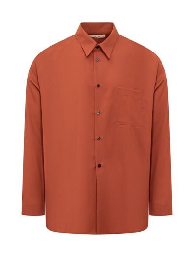 Shop Marni Logo Patch Buttoned Shirt In Brown