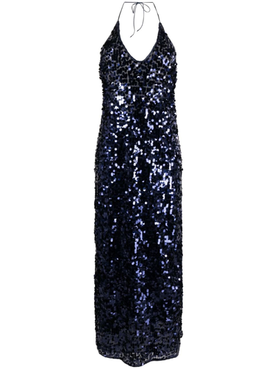 Shop Oseree Sequinned Halterneck Sleeveless Dress In Blue