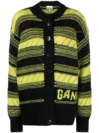 Shop Ganni Stripe-pattern Knitted Cardigan In Black