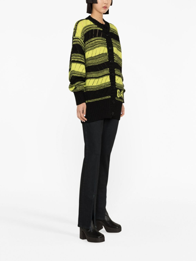 Ganni Logo-intarsia Striped Wool Cardigan In Black