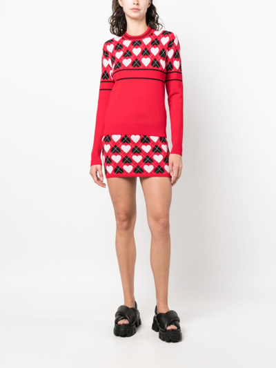 Shop Msgm Heart-print Intarsia-knit Skirt In Red
