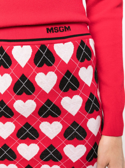 Shop Msgm Heart-print Intarsia-knit Skirt In Red