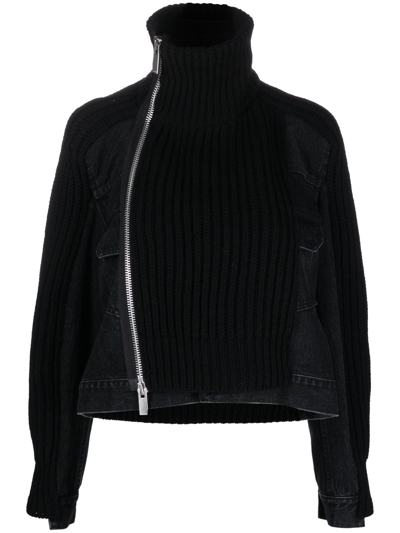 Shop Sacai Panelled Ribbed-knit Jacket In Black