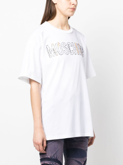 Shop Moschino Embroidered-logo Round-neck T-shirt In White