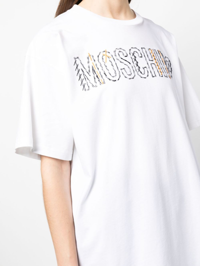 Shop Moschino Embroidered-logo Round-neck T-shirt In White