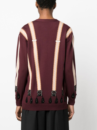 Shop Moschino Intarsia-knit Suspenders Cardigan In Red