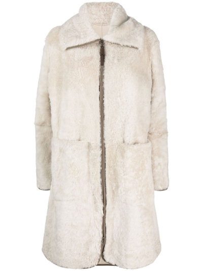 Shop Brunello Cucinelli Zip-up Leather Coat In Neutrals