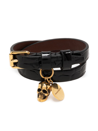 Shop Alexander Mcqueen Skull Double-wrap Leather Bracelet In Black