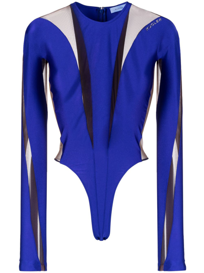 Mugler Panelled Jersey And Tulle Bodysuit In Purple