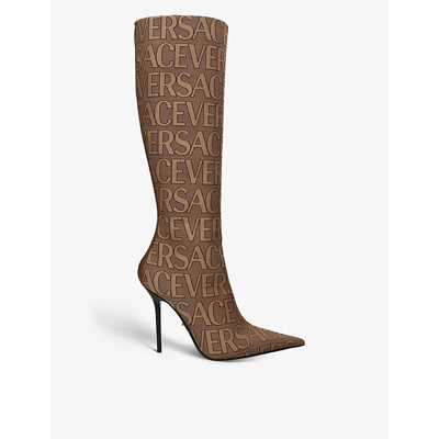 Shop Versace Women's Mid Brown Logo-embellished Woven Heeled Boots