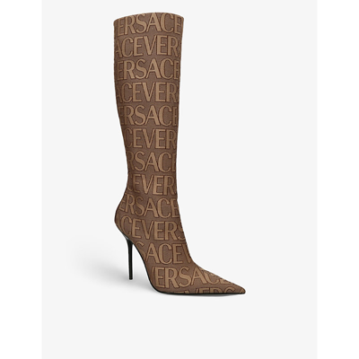 Shop Versace Women's Mid Brown Logo-embellished Woven Heeled Boots