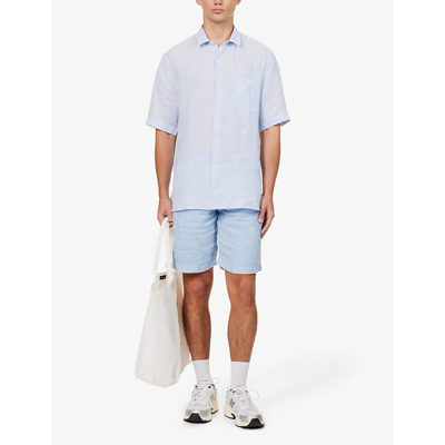 Shop Sunspel Mens Cool Blue Micro Stripe Regular-fit Curved-hem Linen Shirt