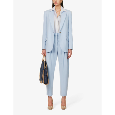 Shop Stella Mccartney Women's Baby Blue Cropped Pleated Tapered-leg Mid-rise Wool Trousers