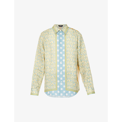 Shop Versace Men's Light Blue Ivory Brand-print Contrast-panel Regular-fit Linen Shirt