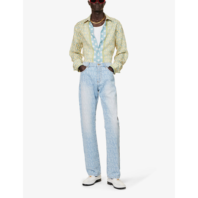 Shop Versace Men's Light Blue Ivory Brand-print Contrast-panel Regular-fit Linen Shirt