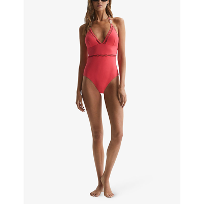 Shop Reiss Womens Coral Ray Halter-neck Chain-embellished Swimsuit