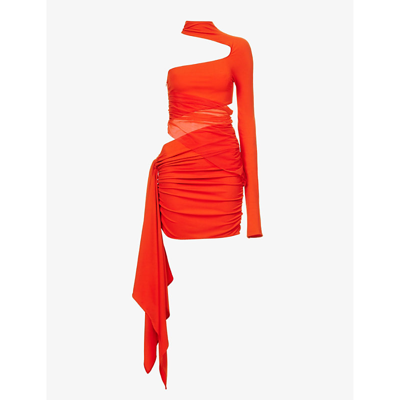 Shop Mugler Womens Fire Asymmetric-neck Draped-panel Stretch-woven Mini Dress