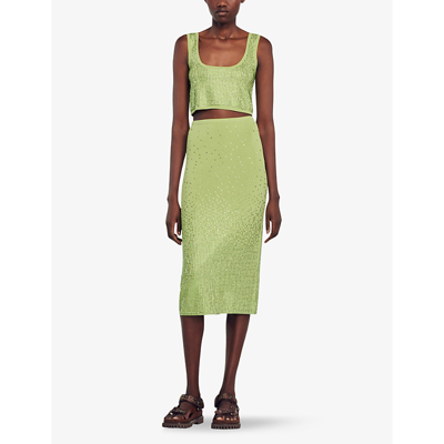 Shop Sandro Women's Verts Rhinestone-embellished High-rise Woven Midi Skirt In Green