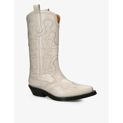 Shop Ganni Women's Cream Mid Shaft Embroidered Calf-length Leather Cowboy Boots