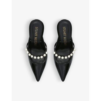Shop Stuart Weitzman Women's Black Goldie Faux Pearl-embellished Patent-leather Heeled Mules
