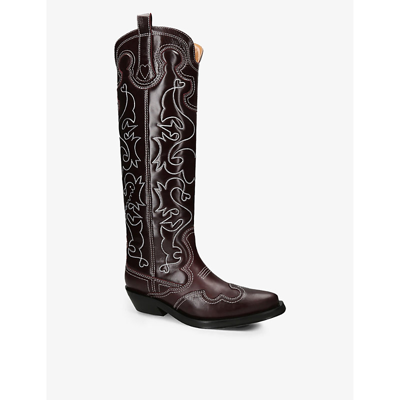 Shop Ganni Women's Wine Embroidered Knee-high Leather Cowboy Boots