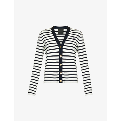 Shop Givenchy Womens White Navy Striped Logo-embroidered Cotton-blend Knitted Cardigan