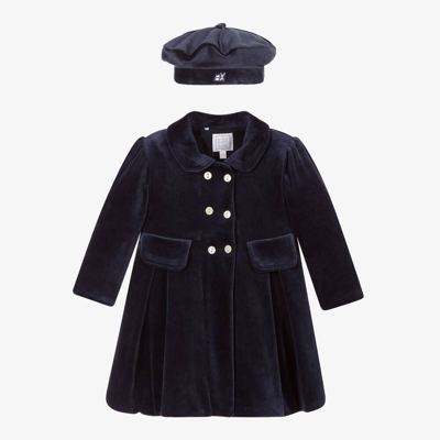 Shop Emile Et Rose Baby Girls Blue Velour Coat & Hat Set