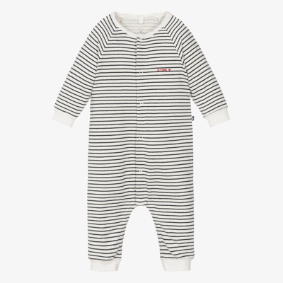 Shop Petit Bateau Navy Blue & White Striped Baby Romper